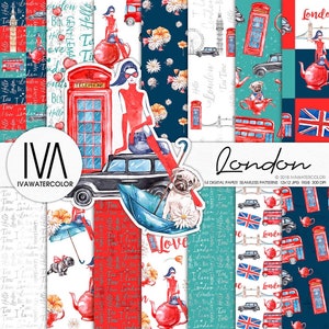 Carta digitale di Londra, Illustrazione di moda, Scrapbooking, Londra, Viaggiare con l'autobus di Londra, Big Ben, Motivi senza soluzione di continuità, Arte ad acquerello