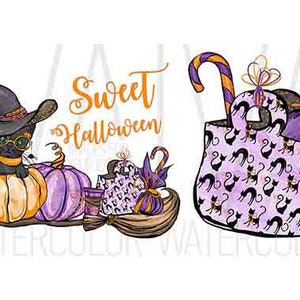 May include: A whimsical Halloween-themed illustration featuring a black cat in a witch hat perched on a pumpkin, alongside a purple pumpkin, a broom, and a gift bag. The words "Sweet Halloween" are written in orange script. A candy cane adds a festive touch.