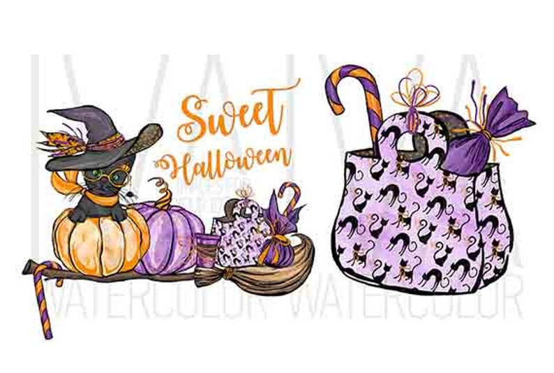 May include: A whimsical Halloween-themed illustration featuring a black cat in a witch hat perched on a pumpkin, alongside a purple pumpkin, a broom, and a gift bag. The words "Sweet Halloween" are written in orange script. A candy cane adds a festive touch.