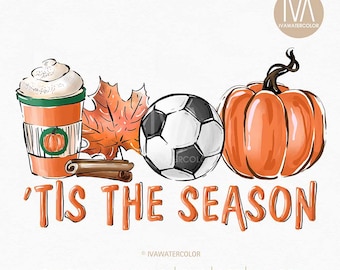 Es la temporada PNG, balón de fútbol, calabaza, hoja, café con leche, PNG listo para imprimir, tema de Acción de Gracias, diseño de sublimación, otoño png