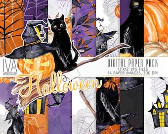 May include: A digital paper pack with 14 Halloween themed images. The images feature black cats, witches, pumpkins, and spiderwebs. The images are 12 inches by 12 inches and 300 DPI.