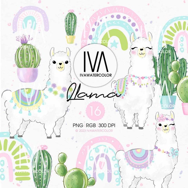 Cute Llama Clipart, Animals clipart, Cactus Clipart, Rainbow pattern, Colorful background, Idea for Digital Planner and Textile Design