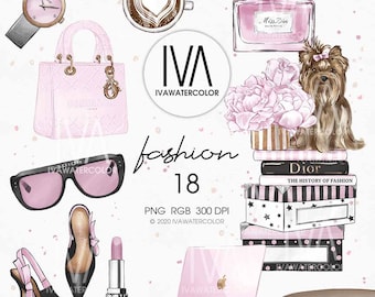 Fashion Day clipart set, mode schattige puppy Yorkshire Terrier clipart planner mode meisje clipart sublimatie parfum lippenstift illustratie