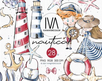 Clipart de verano, 28 objetos PNG imprimibles náuticos, mar elegante, faro marino, marinero, rayas de velero submarino, decoración de verano
