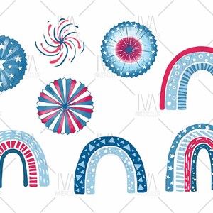 May include: A set of nine digital illustrations featuring red, white, and blue patriotic designs. The designs include fireworks, pinwheels, and rainbows with various patterns.