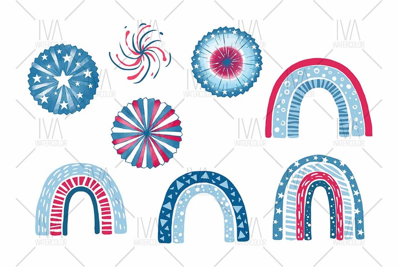 May include: A set of nine digital illustrations featuring red, white, and blue patriotic designs. The designs include fireworks, pinwheels, and rainbows with various patterns.