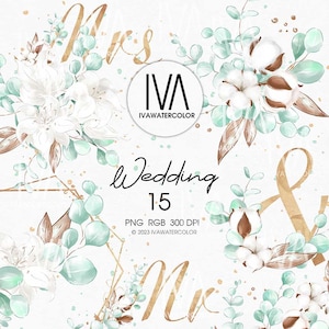 Puede incluir: Diseño de invitación de boda con un marco geométrico dorado, flores blancas, hojas de eucalipto verdes y bolas de algodón marrones. El texto "Wedding 15" está en el centro del diseño.