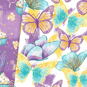 May include: A seamless pattern featuring watercolour butterflies in shades of purple, blue, and yellow on a white background. The butterflies have a delicate, whimsical feel and are perfect for adding a touch of nature to any project.