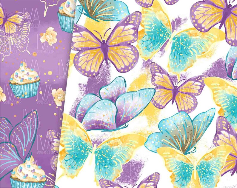 May include: A seamless pattern featuring watercolour butterflies in shades of purple, blue, and yellow on a white background. The butterflies have a delicate, whimsical feel and are perfect for adding a touch of nature to any project.