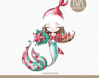 Navidad Sirenita Clipart PNG listo para imprimir, imágenes prediseñadas de Navidad, dibujado a mano, fondo transparente, imprimir en camiseta, taza, etc.