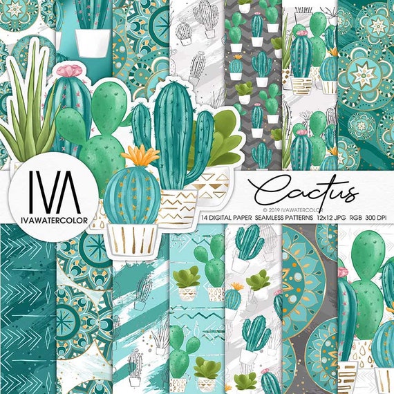Cactus Seamless Pattern, Digital Paper, Succulent Botanical Planner Stickers, Designer Paper Pad, Pastel Floral Fabric, Cactus Scrapbooking