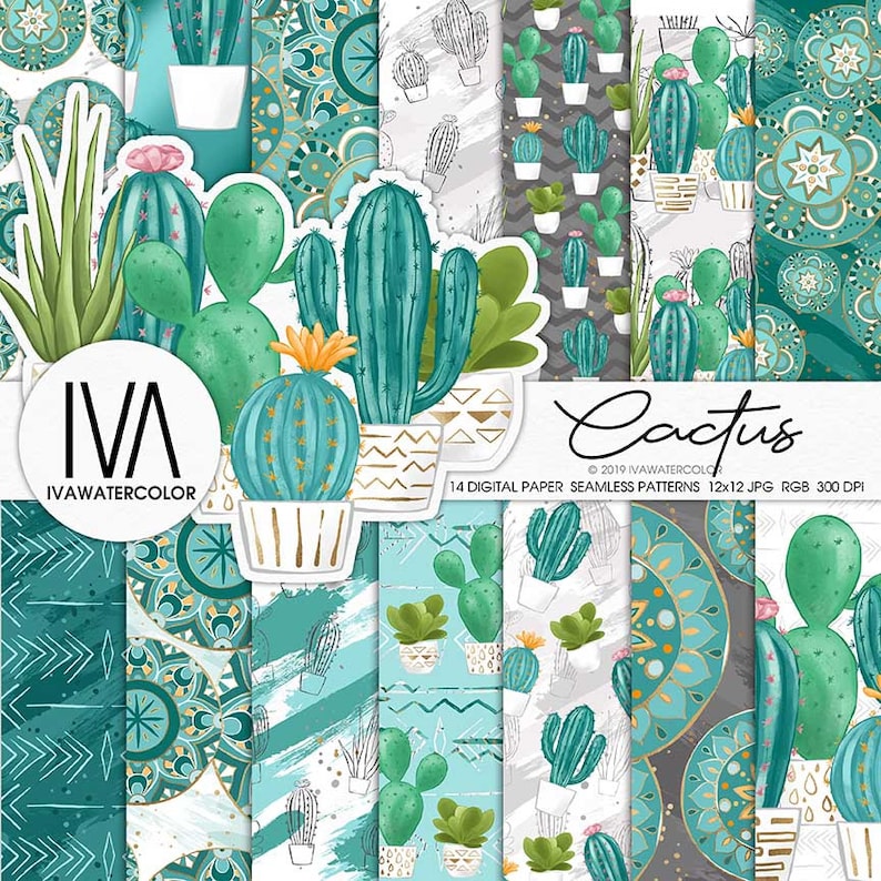 May include: A set of 14 digital paper seamless patterns featuring cactus illustrations in various styles. The patterns are in shades of green, blue, and gold, with a white background. The text "Cactus" and "IVA Watercolor" are included in the image.