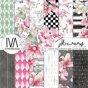 Paquete de papel digital con flores de primavera, adornos florales, patrones sin costuras para bodas, patrón digital de flores exóticas, álbum de recortes, tela, pegatinas