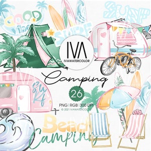 May include: A set of 26 watercolor illustrations featuring a beach camping theme. The illustrations include a pink camper van, a green tent, palm trees, surfboards, beach chairs, and an umbrella. The text "Camping 26" is written in a whimsical font.