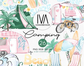 Imágenes prediseñadas de verano, imágenes prediseñadas de camping en la playa, surf en el mar, imágenes prediseñadas de caravana, imágenes prediseñadas de bicicleta, imágenes prediseñadas de tabla de surf, chica surfista, planificador digital de verano