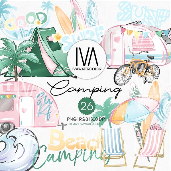 Summer Clipart, Beach Camping Clipart, Sea Surf, Caravan clipart, bicycle clipart, Surfboard clipart, girl surfer, Summer digital planner