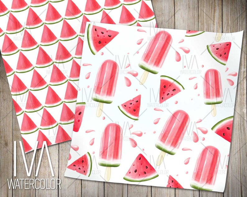 Digital paper watermelon seamless patterns, watermelon design for fabrics, stickers