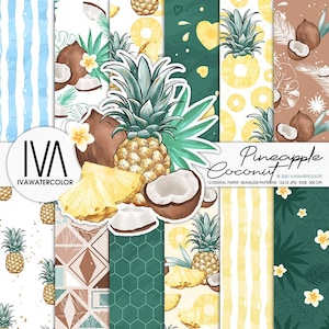 Kokosnuss Ananas Digitales Papier, Tropische Früchte und Blätter Muster, Handgezeichnet Nahtlos, für Planer Aufkleber Scrapbooking Kartenherstellung