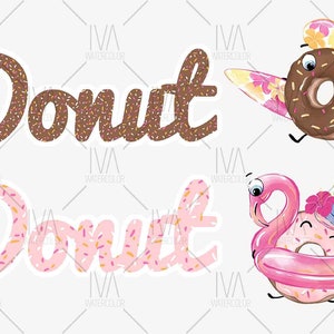 May include: Two donut-shaped illustrations with sprinkles. The first donut is brown with white sprinkles and is wearing a hat and holding a surfboard with a tropical print. The second donut is pink with white and yellow sprinkles and is wearing a hat and holding a pink flamingo float.
