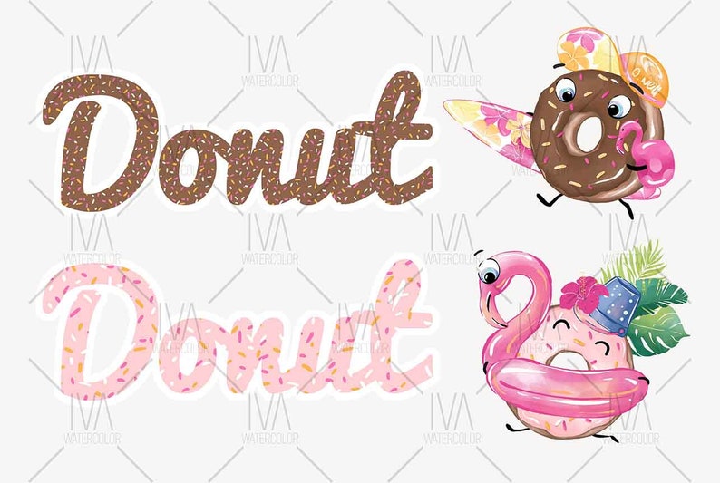 May include: Two donut-shaped illustrations with sprinkles. The first donut is brown with white sprinkles and is wearing a hat and holding a surfboard with a tropical print. The second donut is pink with white and yellow sprinkles and is wearing a hat and holding a pink flamingo float.