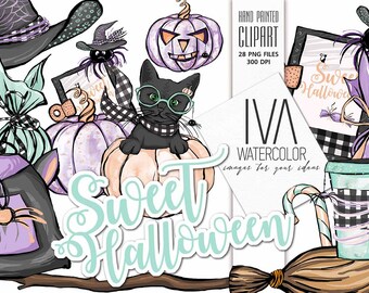 Aquarell Halloween Clipart: Schwarze Katze, Kürbis, Fledermaus (PNG Bilder, 20x20cm) (Digitaler Download)