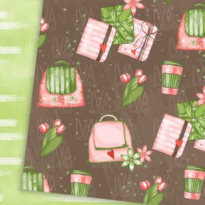 May include: A seamless pattern featuring pink and green striped bags, notebooks, and coffee cups on a brown background. The pattern is decorated with pink flowers and green leaves.