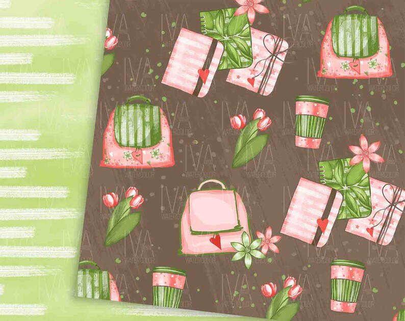 May include: A seamless pattern featuring pink and green striped bags, notebooks, and coffee cups on a brown background. The pattern is decorated with pink flowers and green leaves.