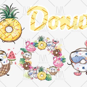 May include: A set of summer-themed donut illustrations featuring a pineapple, a donut wearing sunglasses and holding a watermelon, a donut with a crab, and a circle of donuts with a flamingo float, a pineapple, and a crab. The word "Donut" is written in yellow and white.