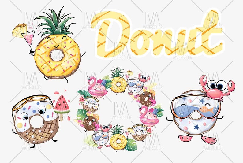 May include: A set of summer-themed donut illustrations featuring a pineapple, a donut wearing sunglasses and holding a watermelon, a donut with a crab, and a circle of donuts with a flamingo float, a pineapple, and a crab. The word "Donut" is written in yellow and white.