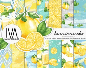 Lemon Seamless paper digital paper, Lemonade cocktail Patterns Summer Yellow Green Paper Citrus Fruit Paper Lemon for Scrapbook and stickers