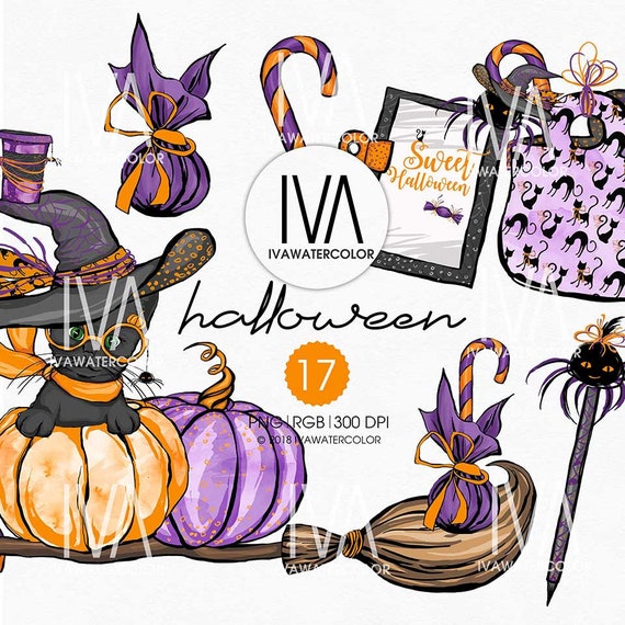 Halloween cat Clipart, Halloween Scrapbook, Hat, Black cat Clipart, Halloween Party, Bat, Pumpkin , Watercolor Clipart, Halloween watercolor