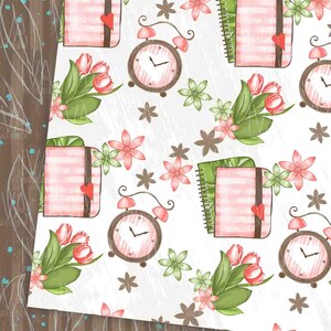 May include: A seamless pattern featuring pink and green floral bouquets, pink and white striped notebooks, and pink alarm clocks with white faces. The background is a white with a subtle texture.