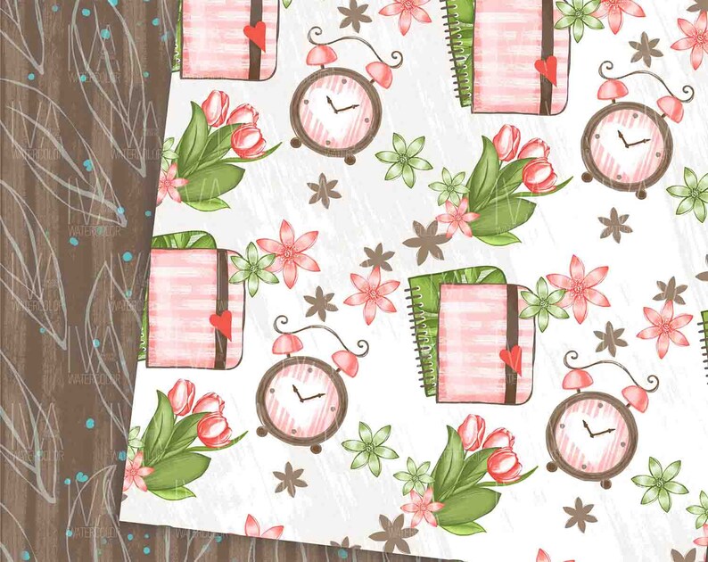 May include: A seamless pattern featuring pink and green floral bouquets, pink and white striped notebooks, and pink alarm clocks with white faces. The background is a white with a subtle texture.
