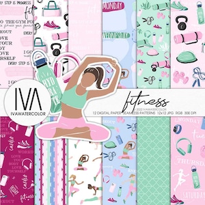 Modello senza soluzione di continuità per il fitness, yoga, pilates, carta digitale per palestra, accessori per il fitness, manubri, Bosu Balance Trainer, adesivi per planner ecc.