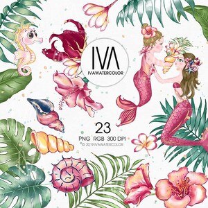 Puede incluir: Un conjunto de 23 ilustraciones digitales de acuarela que representan sirenas, conchas marinas, flores tropicales y un caballito de mar. Las im&aacute;genes est&aacute;n en tonos de rosa, verde y amarillo. El texto "IVA IVAWATERCOLOR" est&aacute; en el centro de la imagen.