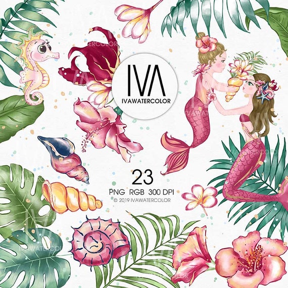 Mermaid Clipart, Mermaid PNG, Under Sea Clipart - Tropical Leaves & Motherhood Clipart for DIY Cards and Printing, Mermaid drawing