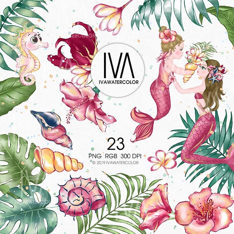 Puede incluir: Un conjunto de 23 ilustraciones digitales de acuarela que representan sirenas, conchas marinas, flores tropicales y un caballito de mar. Las im&aacute;genes est&aacute;n en tonos de rosa, verde y amarillo. El texto "IVA IVAWATERCOLOR" est&aacute; en el centro de la imagen.