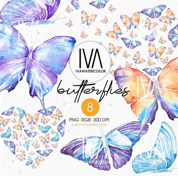 Butterflies Clipart Watercolor Spring Butterfly Textures Background Scrapbook Handmade  Wedding Clipart Romantic IvaWatercolor