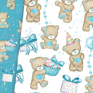 May include: A seamless pattern featuring cute brown teddy bears with blue accents. The bears are holding gifts, cupcakes, and balloons. The background is a light blue with confetti and hearts.