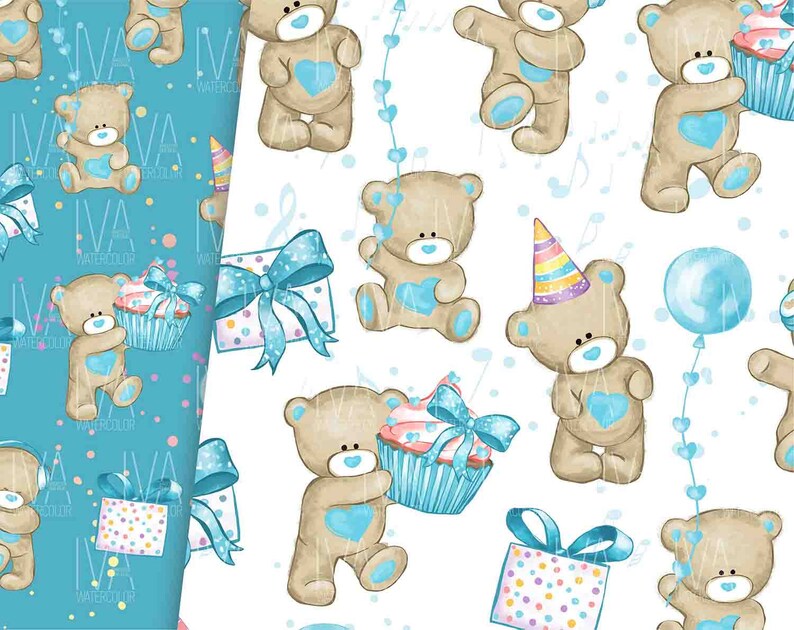 May include: A seamless pattern featuring cute brown teddy bears with blue accents. The bears are holding gifts, cupcakes, and balloons. The background is a light blue with confetti and hearts.