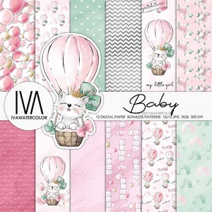 Papier numérique pour bébé fille, modèle d'illustration transparente, scrapbooking et agenda, montgolfière rose, conception de tissu,