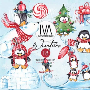 Pinguins clipart de Natal, animais desenhados à mão em aquarela, pinguins e clipart de urso branco, festa de inverno, alegria de inverno, 8x8 polegadas, 18 elementos