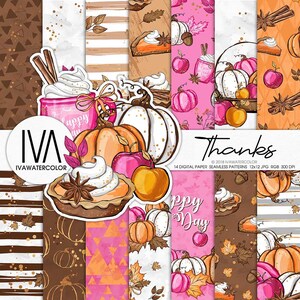 May include: A set of 14 digital paper seamless patterns featuring autumnal themes. The patterns include pumpkins, leaves, pie, and other fall-themed elements in shades of orange, brown, pink, and gold. The text "Thanks" and "Happy Day" are included in the image.