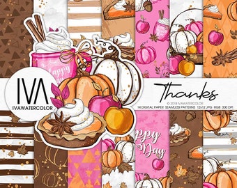 Thanksgiving Paper Pack, Fall Paper Pack, Autumn Digital Paper, For Scrapbooking, planner stickers, Seamless Patterns