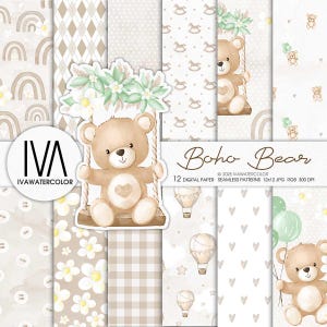 Boho Baby Digital Paper Pack with Cute Bear Seamless Patterns, Beige Nursery Scrapbook Background, Instant Download for Boy and Girl Gifts