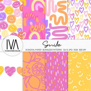 Niedliche Herzen Zeichnung, Smiley Gesicht Zeichnung, Pink Orange Gelb Nahtloses Muster, Smiley Hintergrund, bunte Herzen, digitales Papier Groovy Papier
