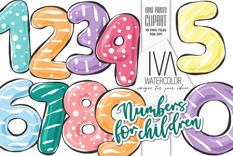 May include: Watercolor clipart of colorful numbers 1 through 9, with white polka dots and stripes. The numbers are in a donut shape and have a white outline. The text "Numbers for children" is written in green below the numbers.