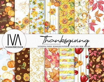 Thanksgiving Digital Paper Pack, Fall Decoration Paper Pack, Autumn Digital Paper, Stationary for Scrapbooking planner stickers, Watercolor