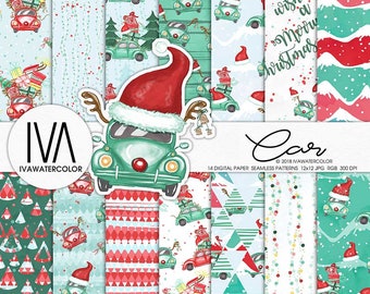 Carta digitale natalizia, modelli senza cuciture natalizi, scrapbooking, auto invernale, carta digitale per auto natalizie, carta digitale verde, per adesivi