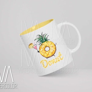 May include: White ceramic mug with a yellow rim. The mug features a cartoon pineapple wearing a donut as a hat and holding a pink cocktail. The text "Donut" is written below the pineapple.